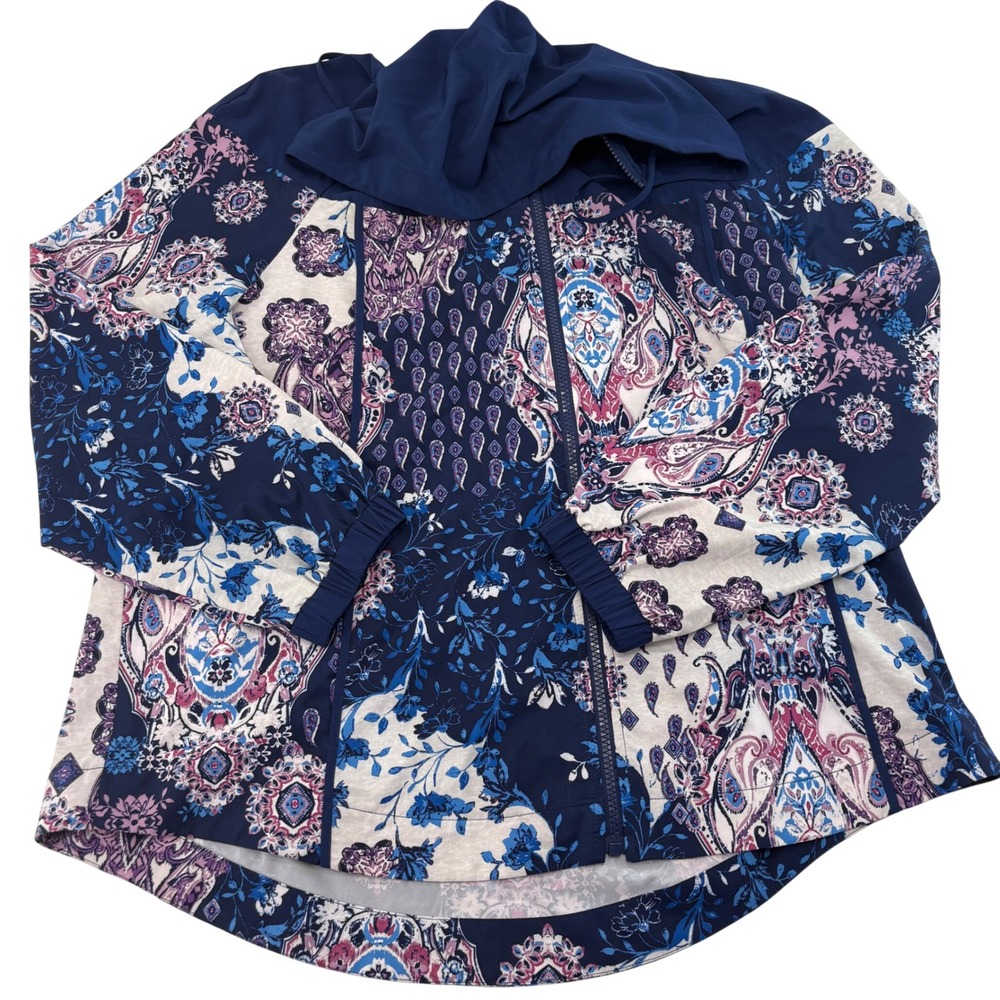 Chicos Zenergy Navy Paisley Floral Full Zip Hooded Windbreaker Jacket Size 3